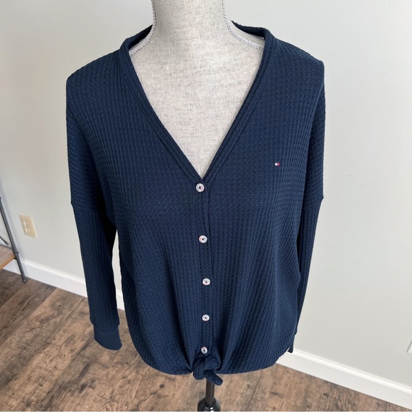 Tommy Hilfiger Top Tie Front Waffle Knit Top Button Up Small Navy - Picture 12 of 17